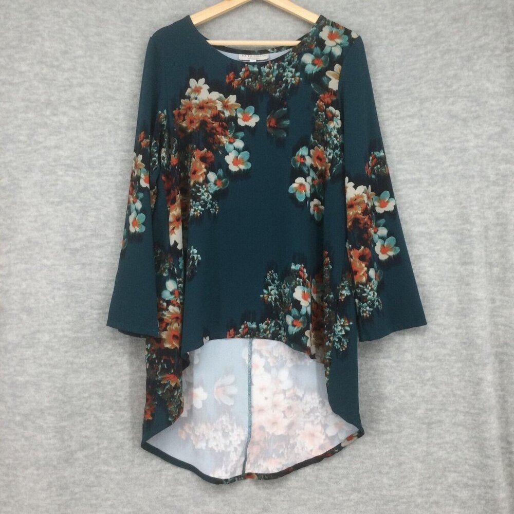 Bryn Walker Tunic Top Medium Green Long Sleeve Floral High Low Blouse
